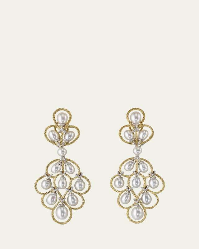 Yellow and White Gold Pearl Earrings